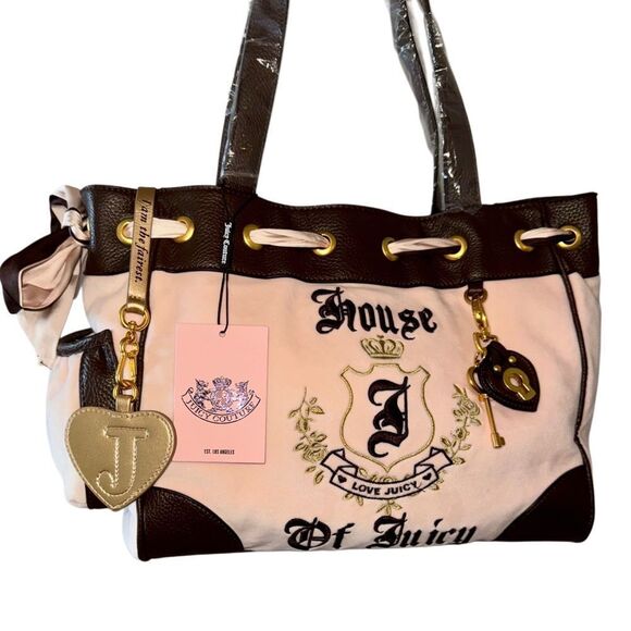Juicy Couture Pink Velour Brown Faux Leather House of Juicy Daydreamer Tote Bag - Picture 3 of 15